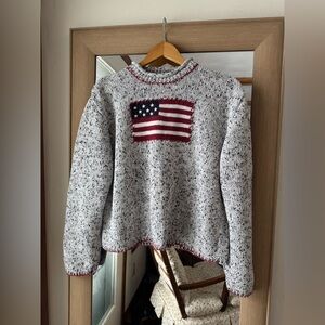 Hand Embroidered American Flag Cotton/Ramie blend Rolled Hem Sweater Large